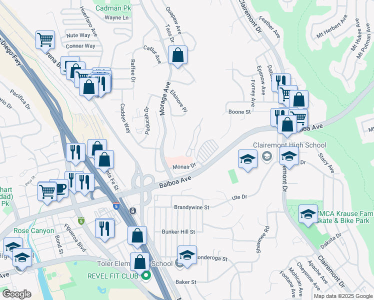 map of restaurants, bars, coffee shops, grocery stores, and more near 3766 Balboa Avenue in San Diego
