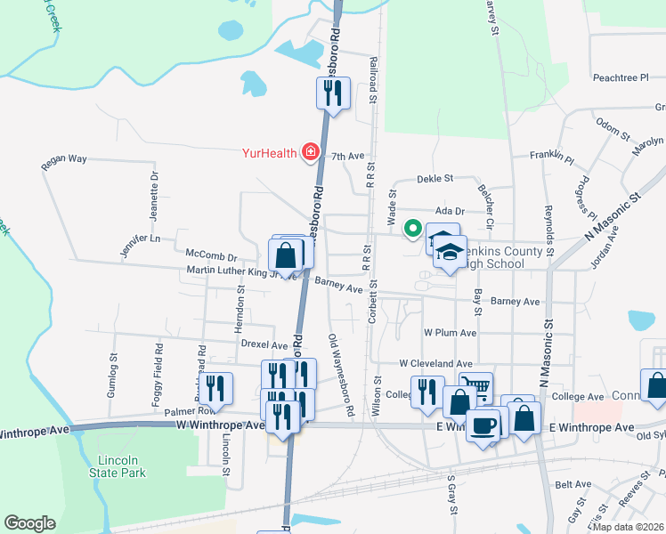 map of restaurants, bars, coffee shops, grocery stores, and more near 218 Grant Avenue in Millen