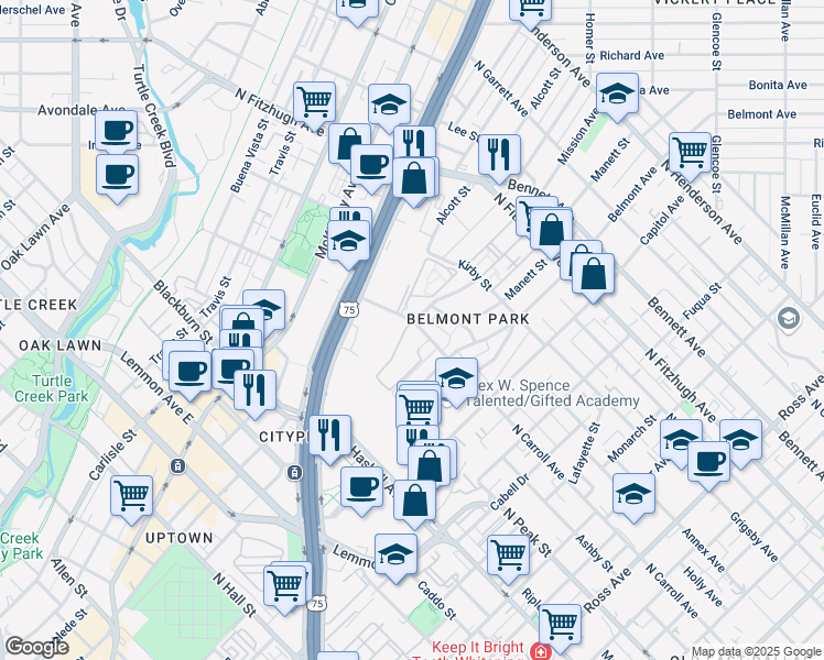map of restaurants, bars, coffee shops, grocery stores, and more near 2781 North Carroll Avenue in Dallas