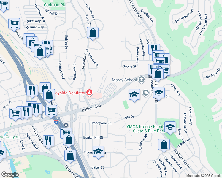 map of restaurants, bars, coffee shops, grocery stores, and more near 3737 Balboa Terrace in San Diego