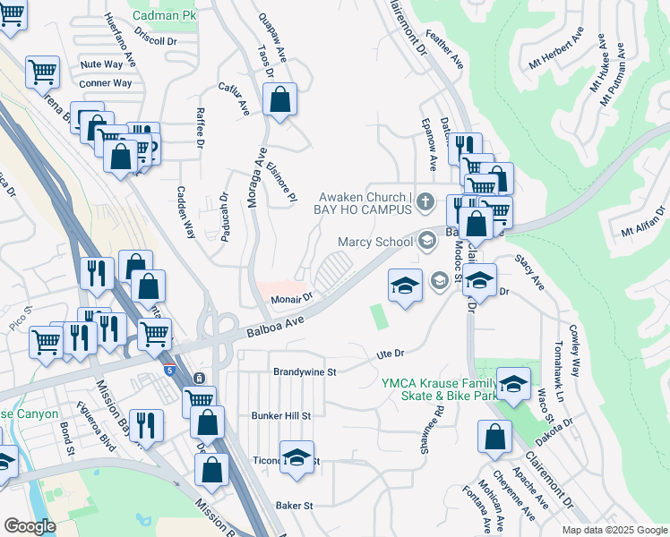 map of restaurants, bars, coffee shops, grocery stores, and more near 3719 Balboa Terrace in San Diego