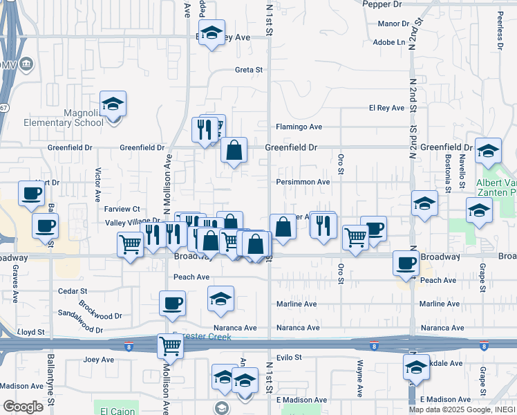 map of restaurants, bars, coffee shops, grocery stores, and more near 1066-68 Sumner Avenue in El Cajon