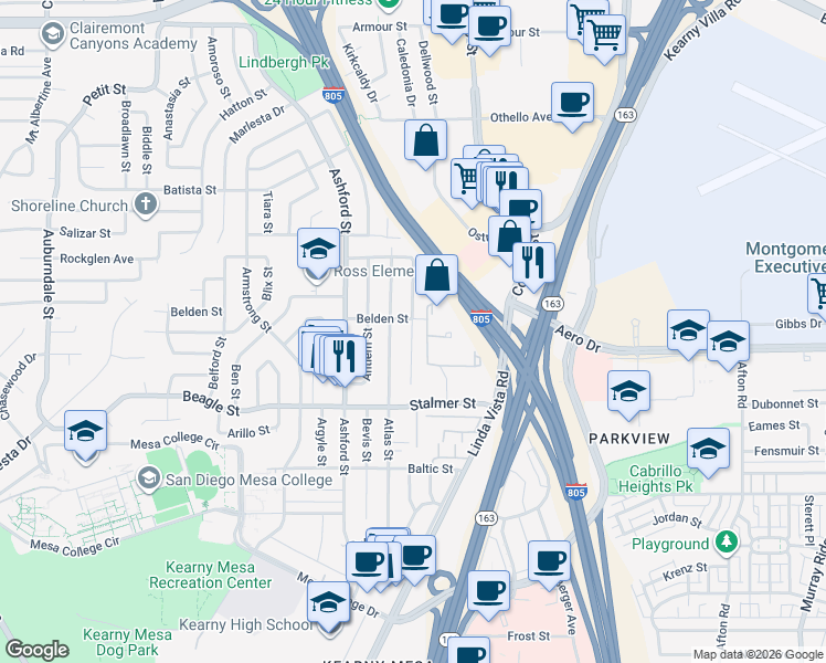 map of restaurants, bars, coffee shops, grocery stores, and more near 3614 Budd Street in San Diego