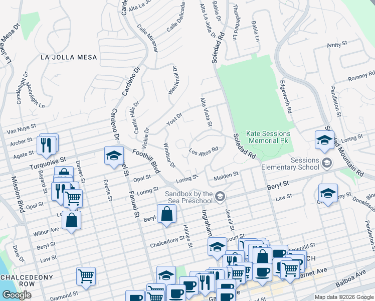 map of restaurants, bars, coffee shops, grocery stores, and more near 1679 1/2 Los Altos Road in San Diego