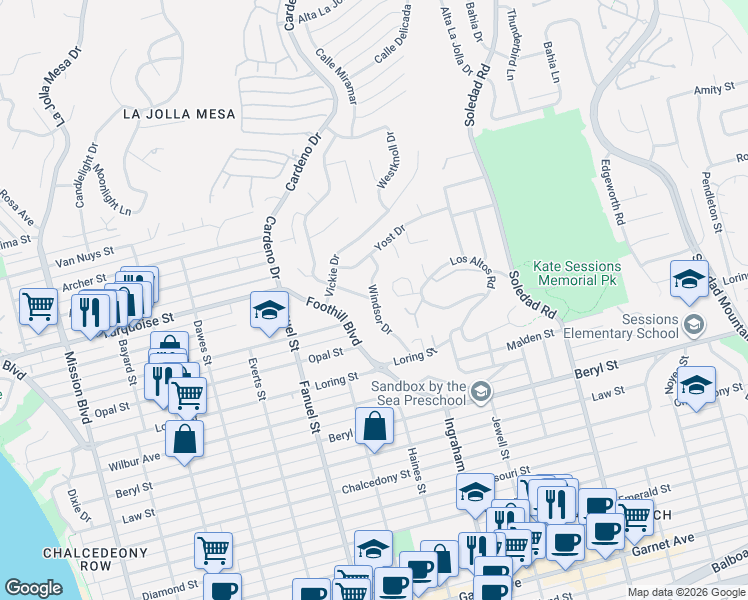 map of restaurants, bars, coffee shops, grocery stores, and more near 5052 Windsor Drive in San Diego