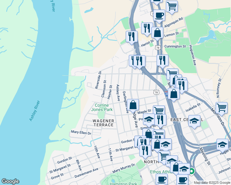 map of restaurants, bars, coffee shops, grocery stores, and more near 42 Piedmont Avenue in Charleston