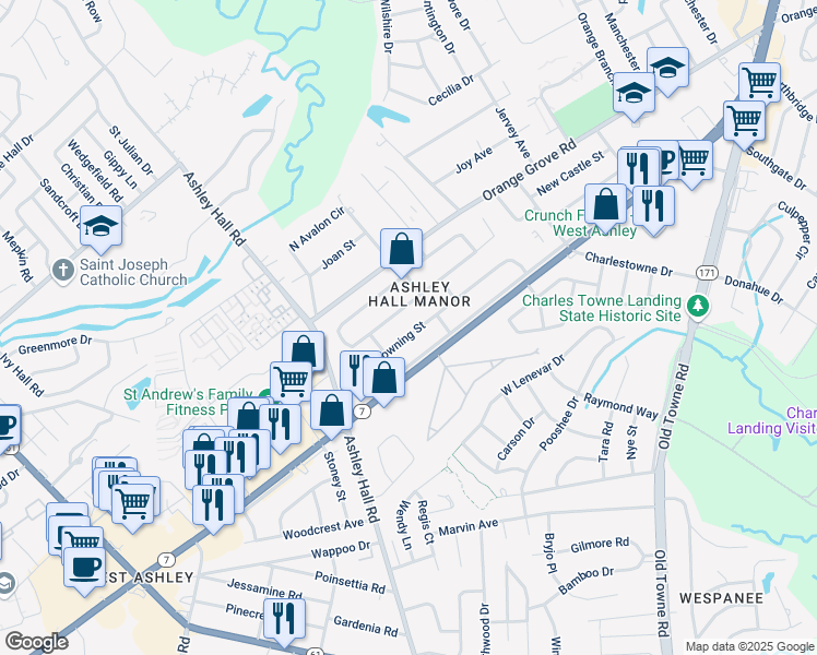 map of restaurants, bars, coffee shops, grocery stores, and more near 1533 Downing Street in Charleston