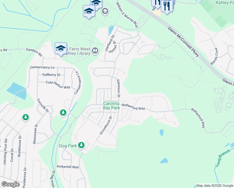 map of restaurants, bars, coffee shops, grocery stores, and more near 1906 Gammon Street in Charleston