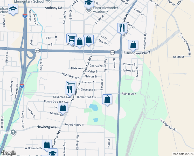 map of restaurants, bars, coffee shops, grocery stores, and more near 548 Hanson Street in Macon