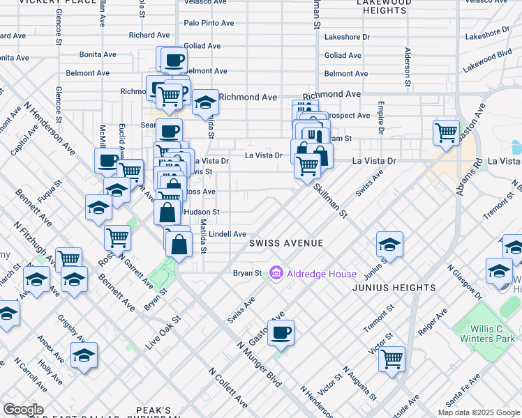 map of restaurants, bars, coffee shops, grocery stores, and more near 5619 Live Oak Street in Dallas