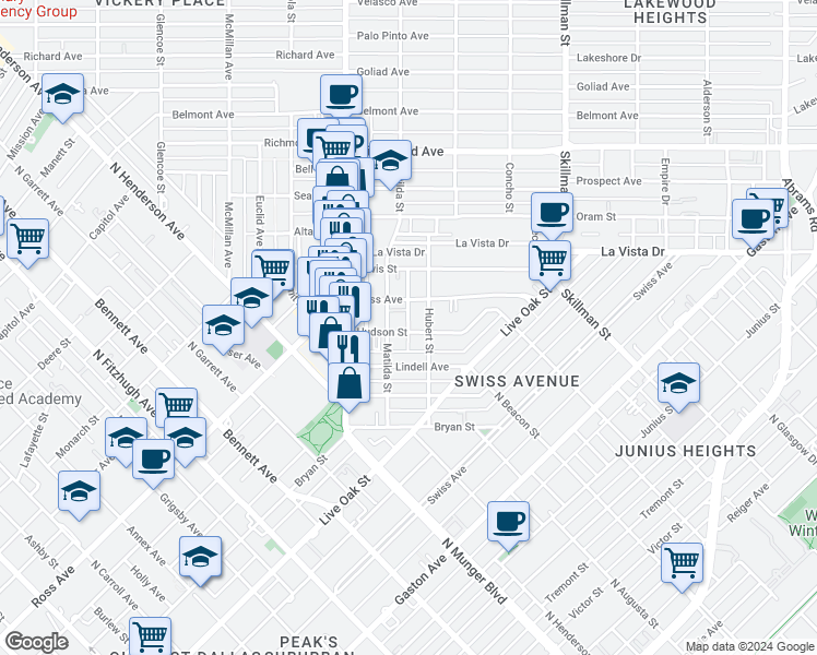 map of restaurants, bars, coffee shops, grocery stores, and more near 1509 Mary Street in Dallas