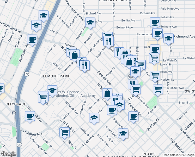 map of restaurants, bars, coffee shops, grocery stores, and more near 2022 North Fitzhugh Avenue in Dallas