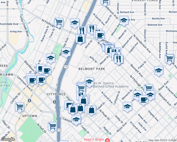 map of restaurants, bars, coffee shops, grocery stores, and more near 4507 Belmont Avenue in Dallas