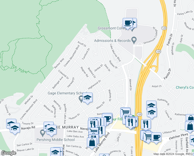 map of restaurants, bars, coffee shops, grocery stores, and more near 7051 Bobhird Drive in San Diego