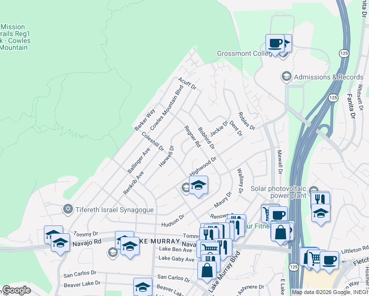 map of restaurants, bars, coffee shops, grocery stores, and more near 8521 Jackie Drive in San Diego