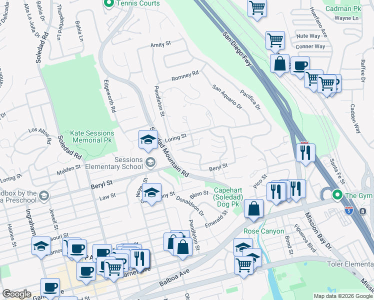 map of restaurants, bars, coffee shops, grocery stores, and more near 2328 Geranium Street in San Diego