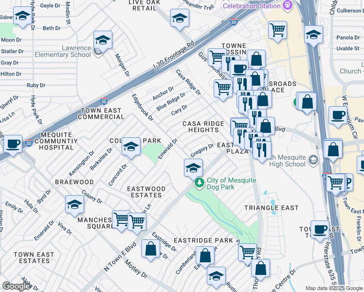 map of restaurants, bars, coffee shops, grocery stores, and more near 3313 Edgebrook Drive in Mesquite