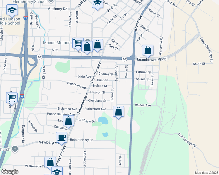 map of restaurants, bars, coffee shops, grocery stores, and more near 2806 Blount Street in Macon