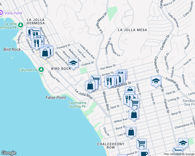 map of restaurants, bars, coffee shops, grocery stores, and more near 763 Archer Street in San Diego