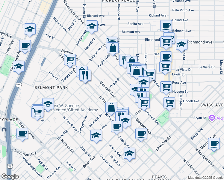 map of restaurants, bars, coffee shops, grocery stores, and more near 2014 Bennett Avenue in Dallas