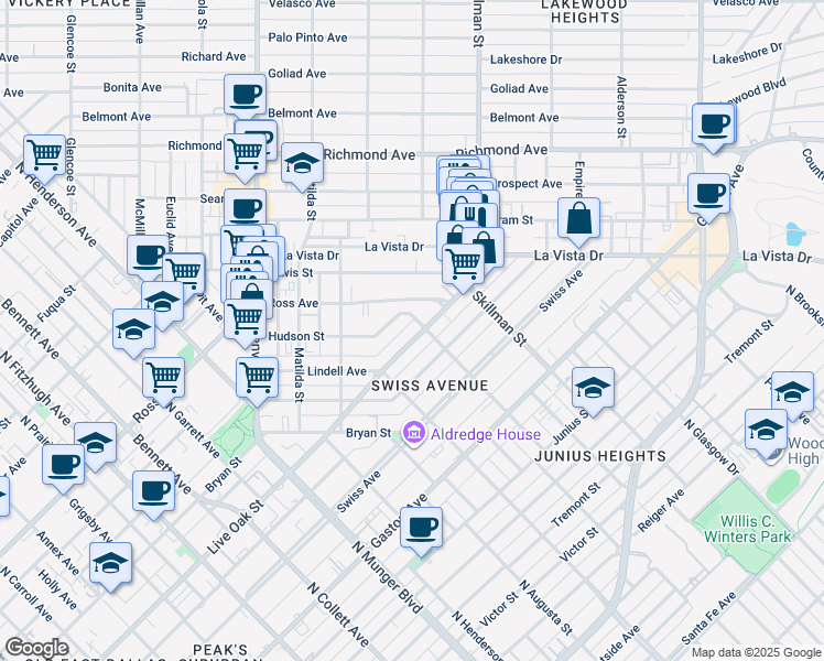 map of restaurants, bars, coffee shops, grocery stores, and more near 6035 Bryan Parkway in Dallas