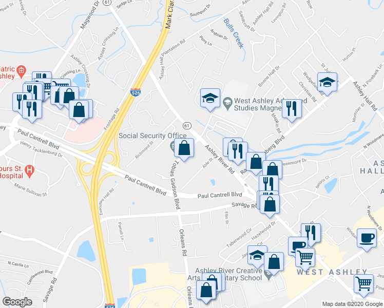 map of restaurants, bars, coffee shops, grocery stores, and more near 1460 Tobias Gadson Boulevard in Charleston