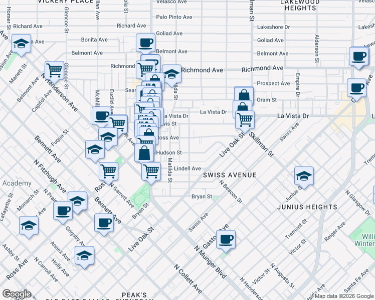 map of restaurants, bars, coffee shops, grocery stores, and more near 5908 Ross Avenue in Dallas