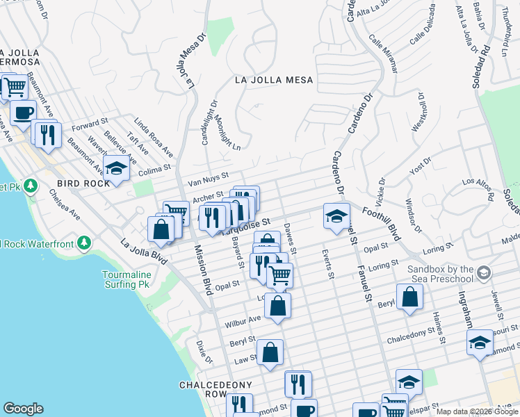 map of restaurants, bars, coffee shops, grocery stores, and more near 1044 Agate Street in San Diego