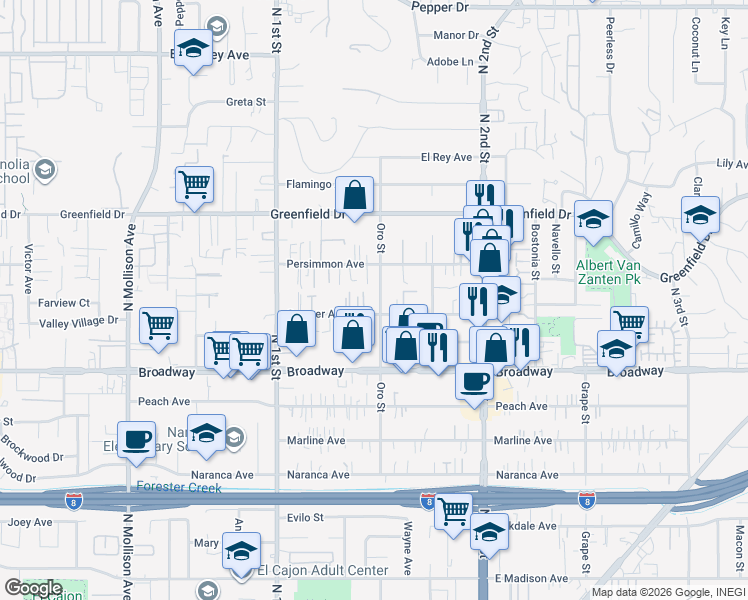 map of restaurants, bars, coffee shops, grocery stores, and more near 1145 Oro Street in El Cajon