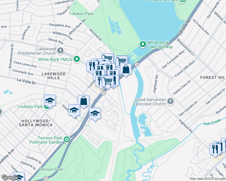 map of restaurants, bars, coffee shops, grocery stores, and more near 7530 East Grand Avenue in Dallas
