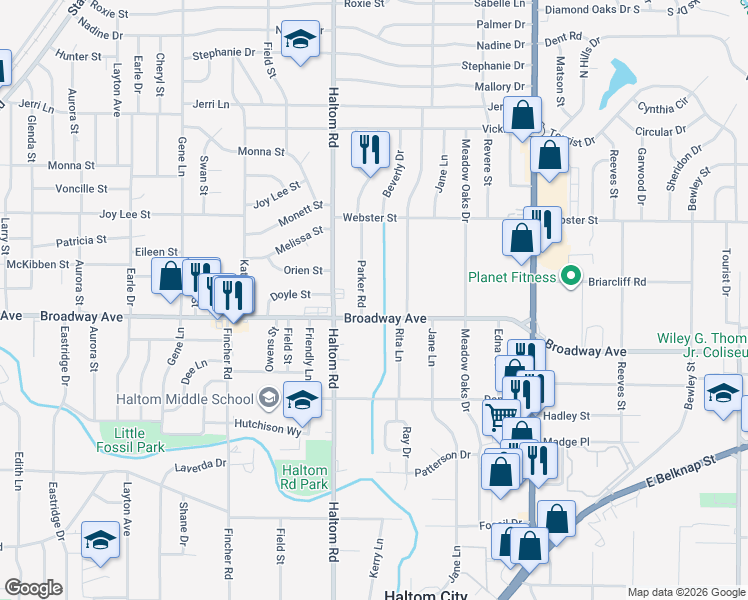 map of restaurants, bars, coffee shops, grocery stores, and more near 3317 Parker Road in Fort Worth
