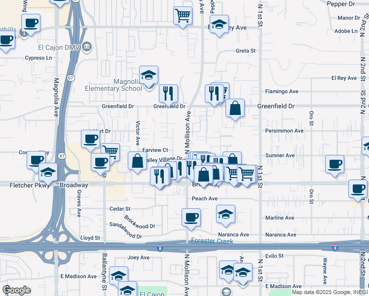 map of restaurants, bars, coffee shops, grocery stores, and more near 1096 North Mollison Avenue in El Cajon