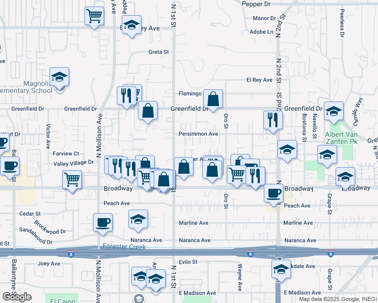 map of restaurants, bars, coffee shops, grocery stores, and more near 1130 Sumner Avenue in El Cajon