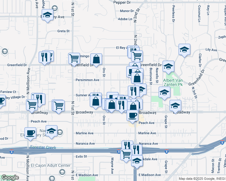 map of restaurants, bars, coffee shops, grocery stores, and more near 1231 Persimmon Avenue in El Cajon