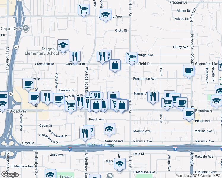 map of restaurants, bars, coffee shops, grocery stores, and more near 1061 Mascari Court in El Cajon
