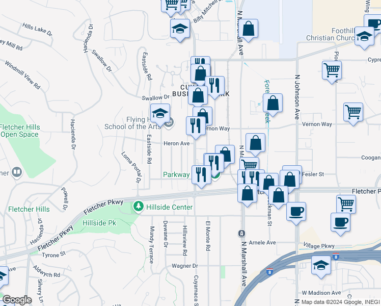 map of restaurants, bars, coffee shops, grocery stores, and more near 1343 Heron Avenue in El Cajon