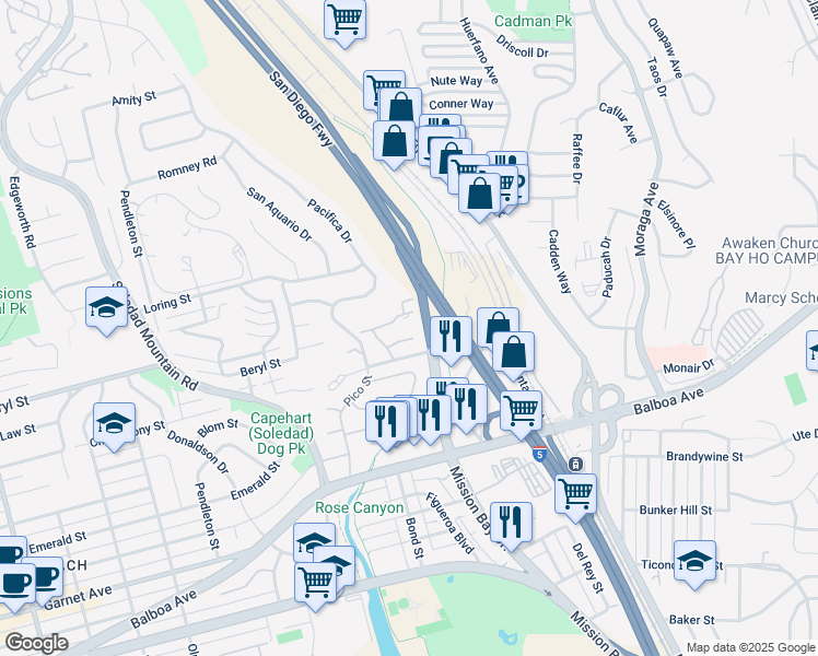 map of restaurants, bars, coffee shops, grocery stores, and more near 4887 Bella Pacific Row in San Diego