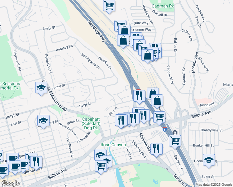 map of restaurants, bars, coffee shops, grocery stores, and more near 4957 Pacifica Drive in San Diego