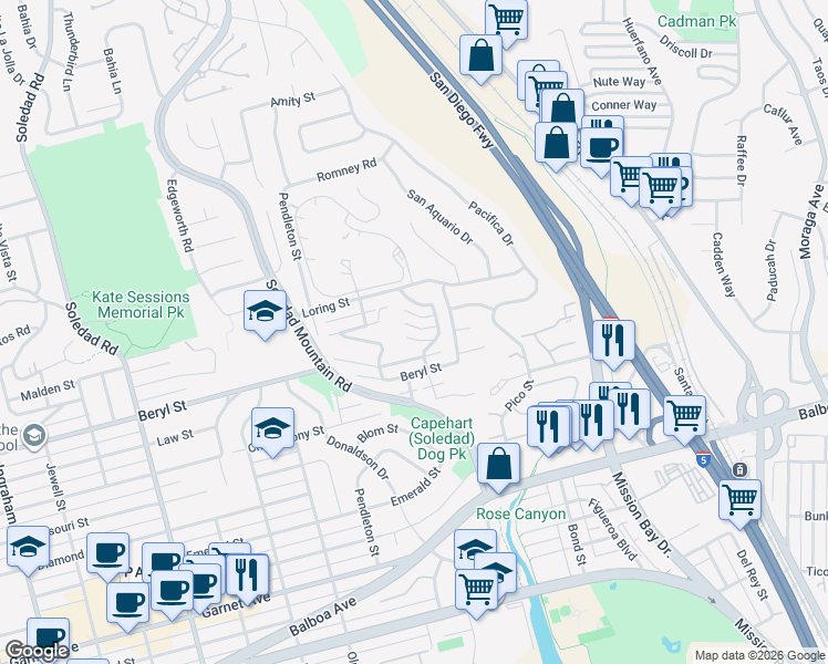 map of restaurants, bars, coffee shops, grocery stores, and more near 2475 La Marque Street in San Diego