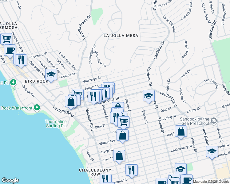 map of restaurants, bars, coffee shops, grocery stores, and more near 1044 Agate Street in San Diego