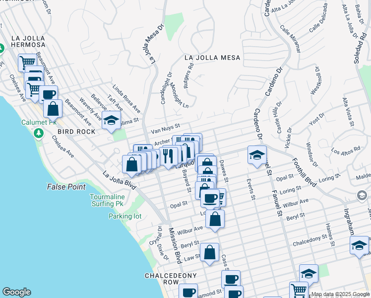 map of restaurants, bars, coffee shops, grocery stores, and more near 975 Archer Street in San Diego