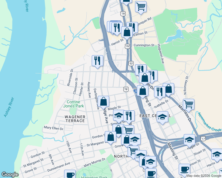 map of restaurants, bars, coffee shops, grocery stores, and more near 16 North Enston Avenue in Charleston