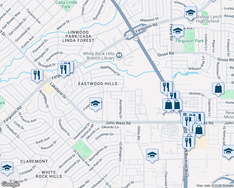map of restaurants, bars, coffee shops, grocery stores, and more near 9135 Sweetwater Drive in Dallas