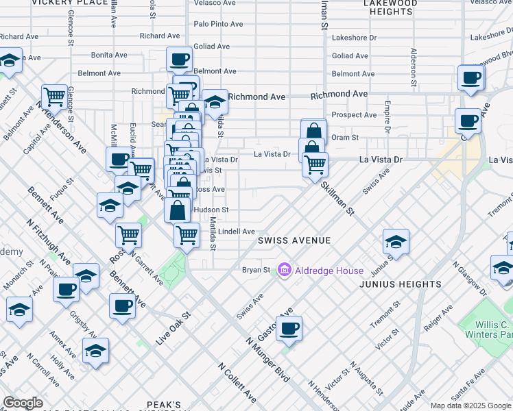 map of restaurants, bars, coffee shops, grocery stores, and more near 5908 Ross Avenue in Dallas