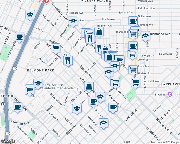 map of restaurants, bars, coffee shops, grocery stores, and more near 5023 Fuqua Street in Dallas