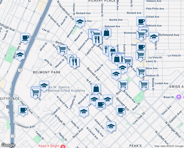 map of restaurants, bars, coffee shops, grocery stores, and more near 5023 Fuqua Street in Dallas