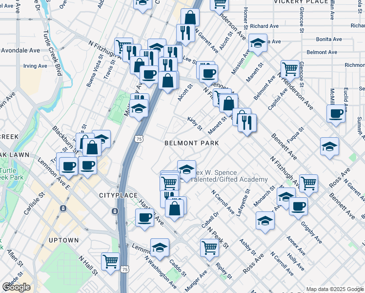 map of restaurants, bars, coffee shops, grocery stores, and more near in Dallas