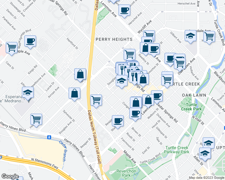 map of restaurants, bars, coffee shops, grocery stores, and more near 2800 Douglas Avenue in Dallas