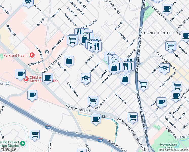 map of restaurants, bars, coffee shops, grocery stores, and more near 4536 Sylvester Street in Dallas