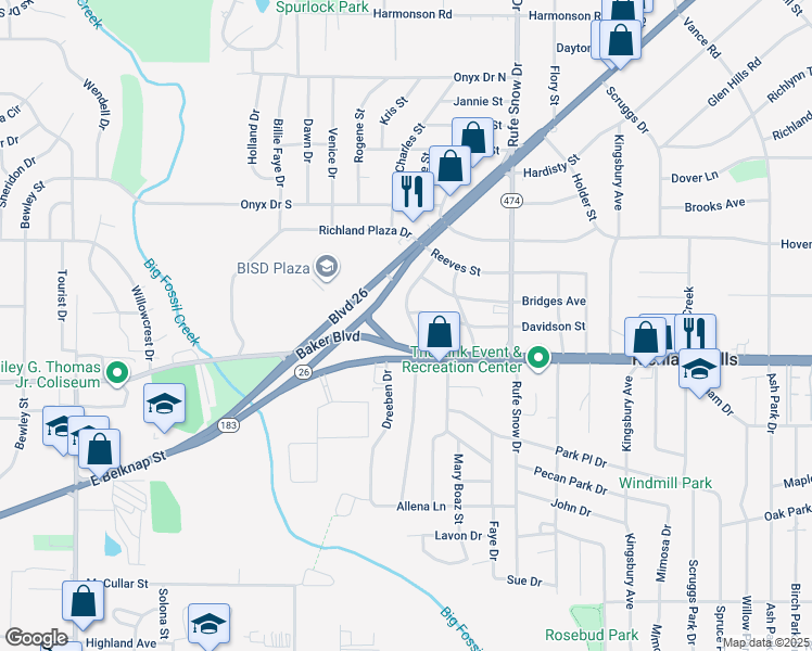 map of restaurants, bars, coffee shops, grocery stores, and more near 6509 Davidson Street in Richland Hills